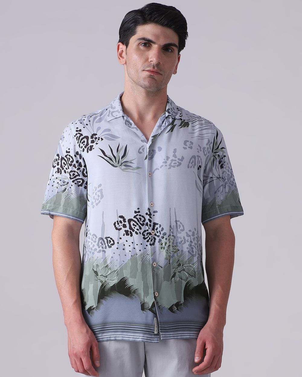 Light Grey Tropical Print Relaxed Fit Casual Shirt