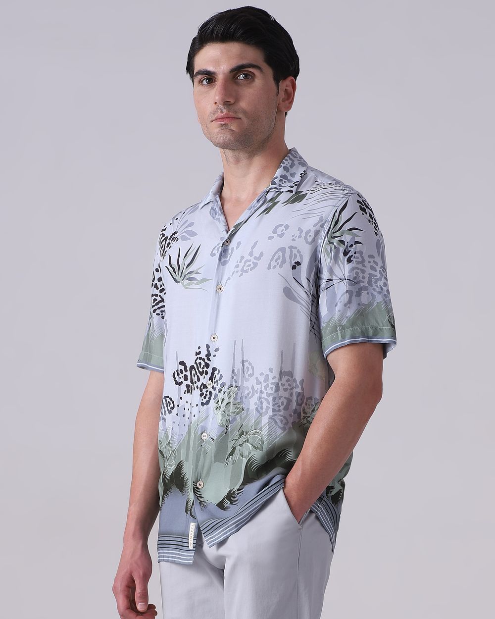 Light Grey Tropical Print Relaxed Fit Casual Shirt