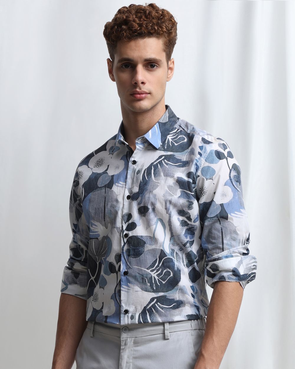 Blue Digital Print Slim Fit Casual Shirt