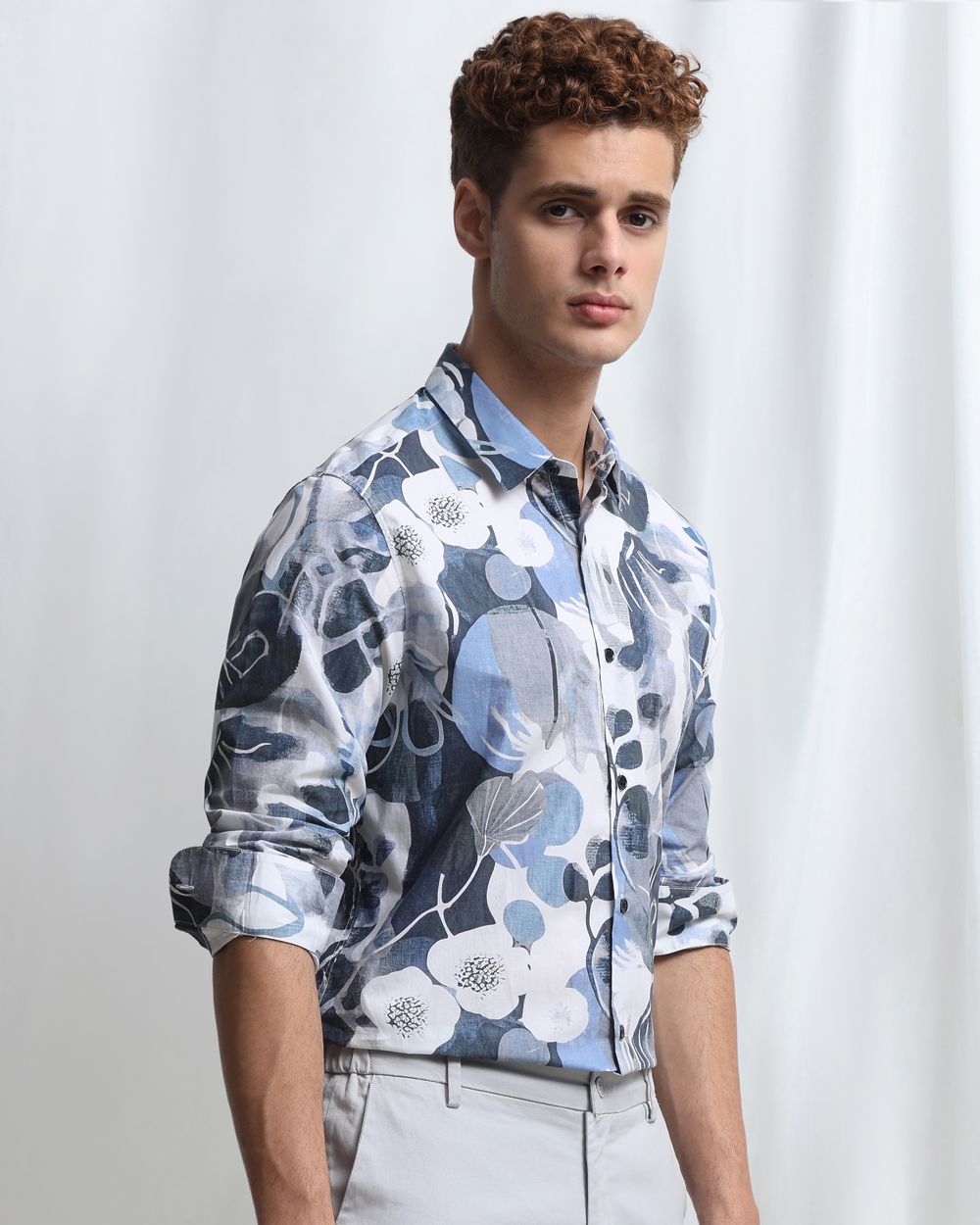 Blue Digital Print Slim Fit Casual Shirt