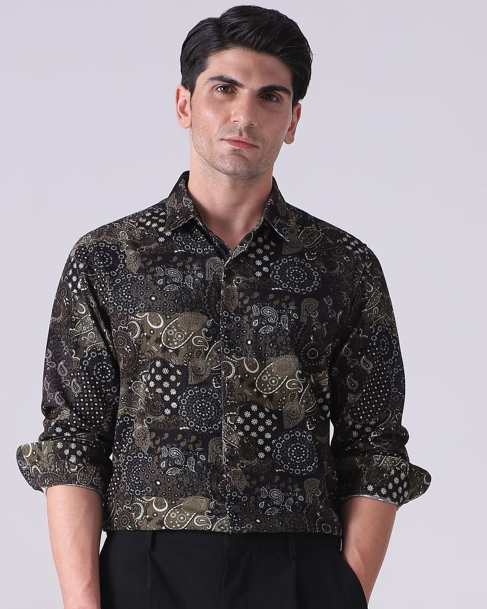Brown Corduroy Print Slim Fit Casual Shirt