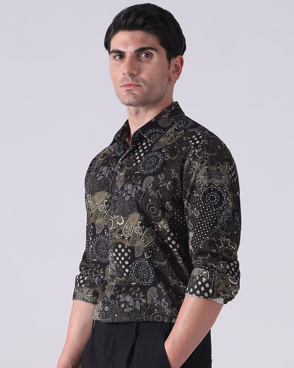 Brown Corduroy Print Slim Fit Casual Shirt