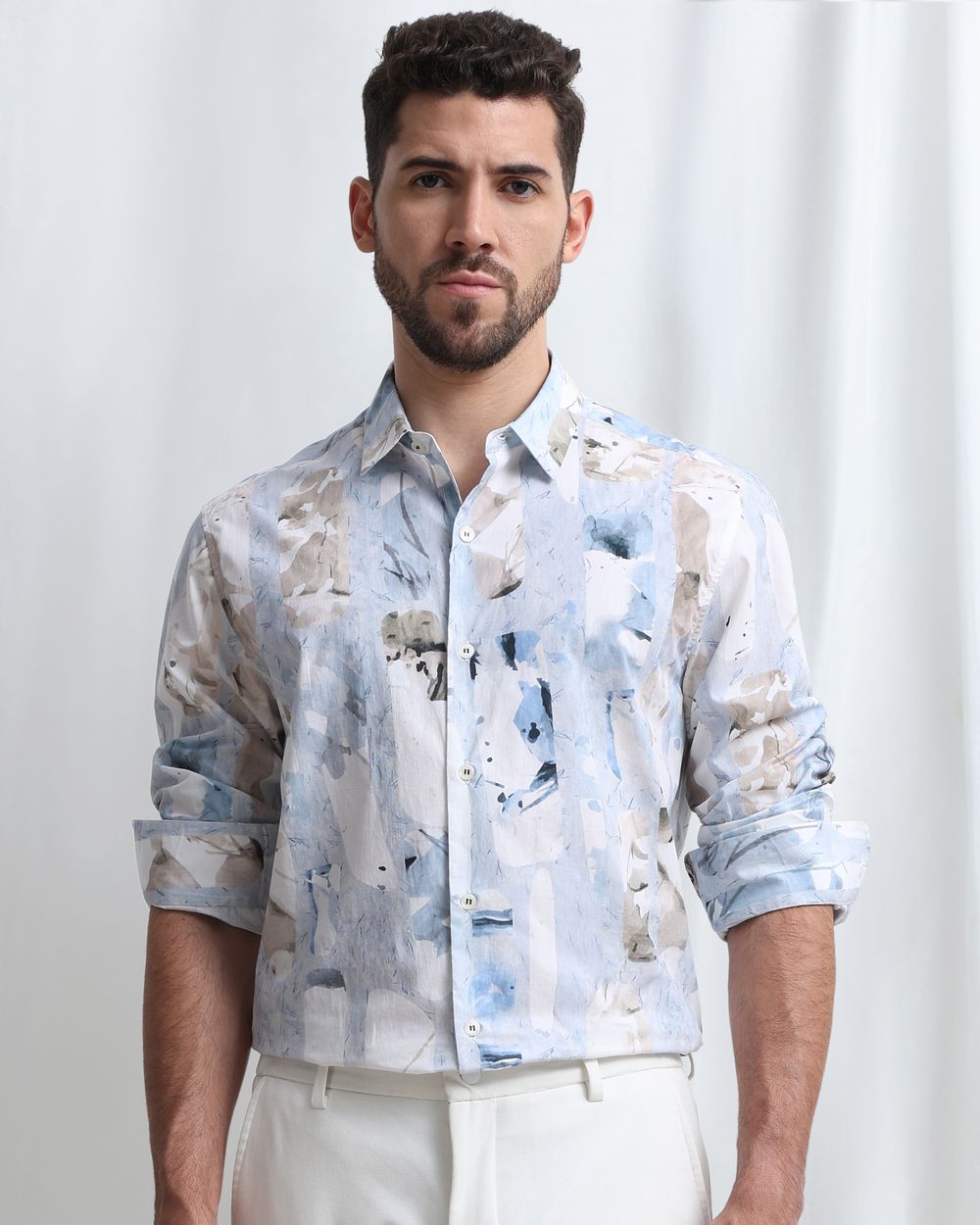 Light Blue Digital Print Slim Fit Casual Shirt