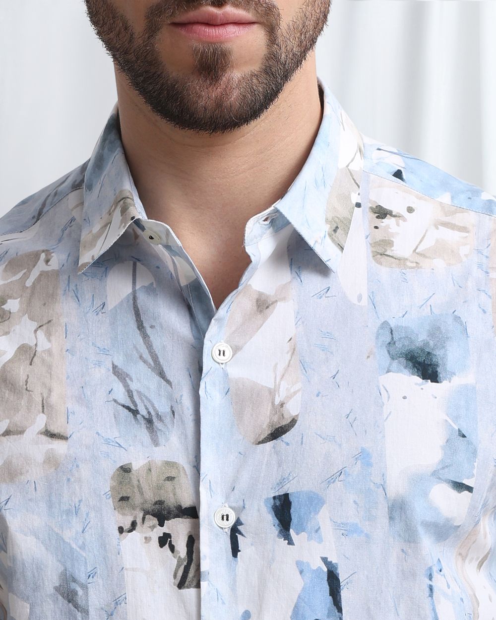 Light Blue Digital Print Slim Fit Casual Shirt