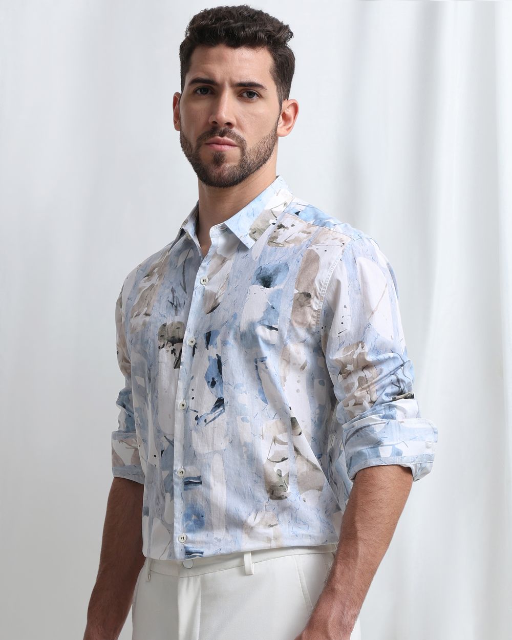 Light Blue Digital Print Slim Fit Casual Shirt