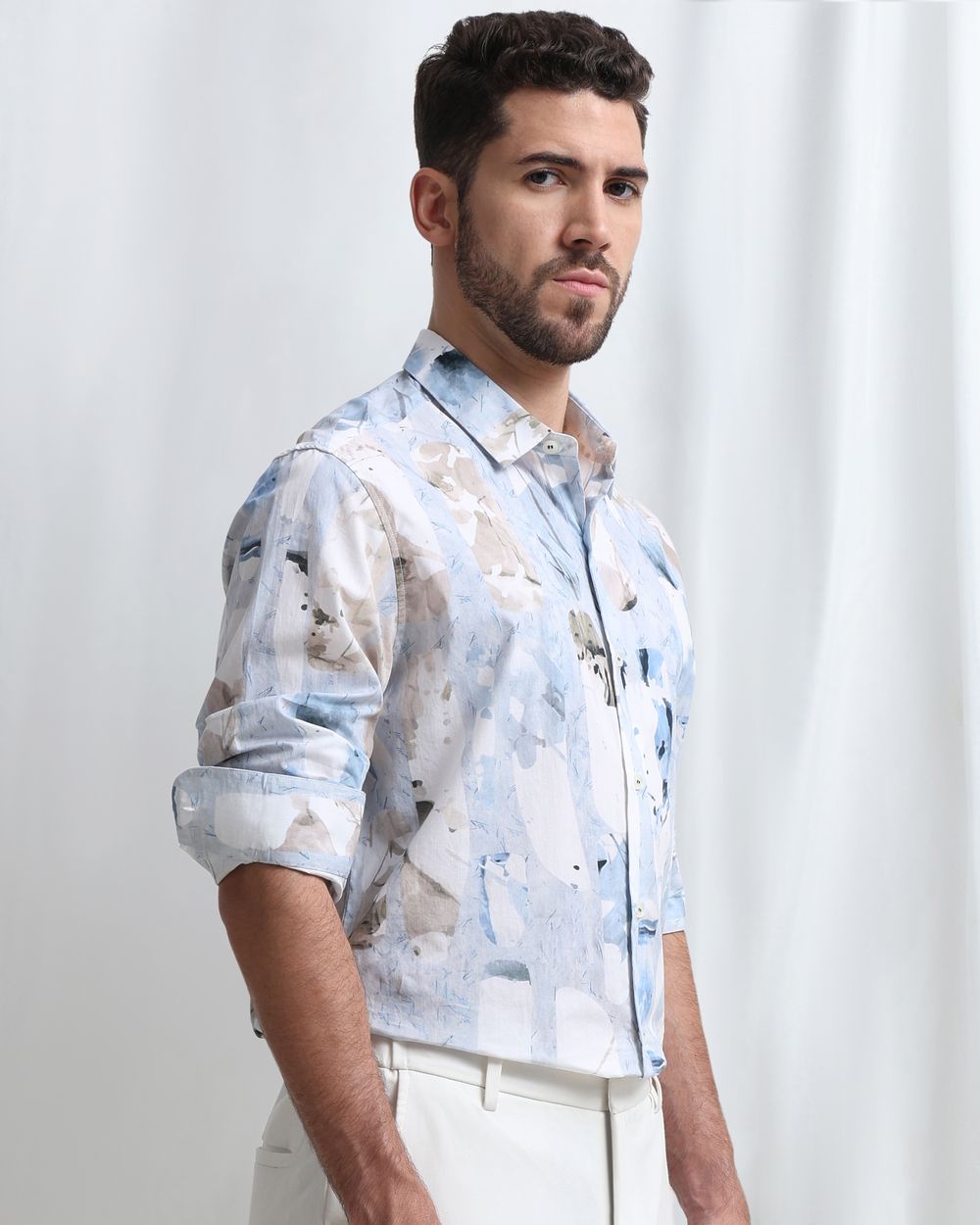 Light Blue Digital Print Slim Fit Casual Shirt