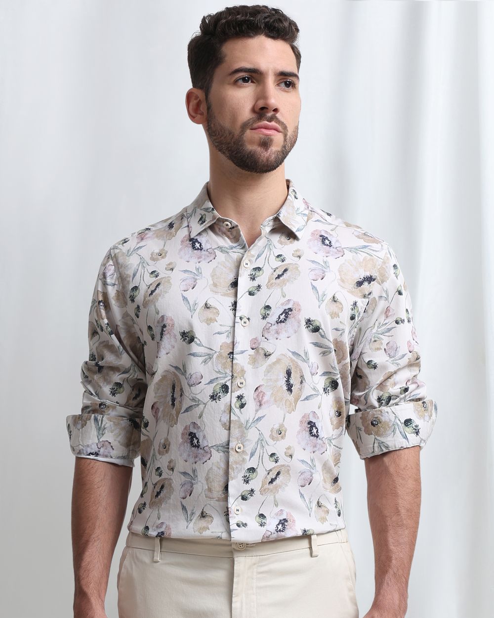 Beige Digital Print Slim Fit Casual Shirt