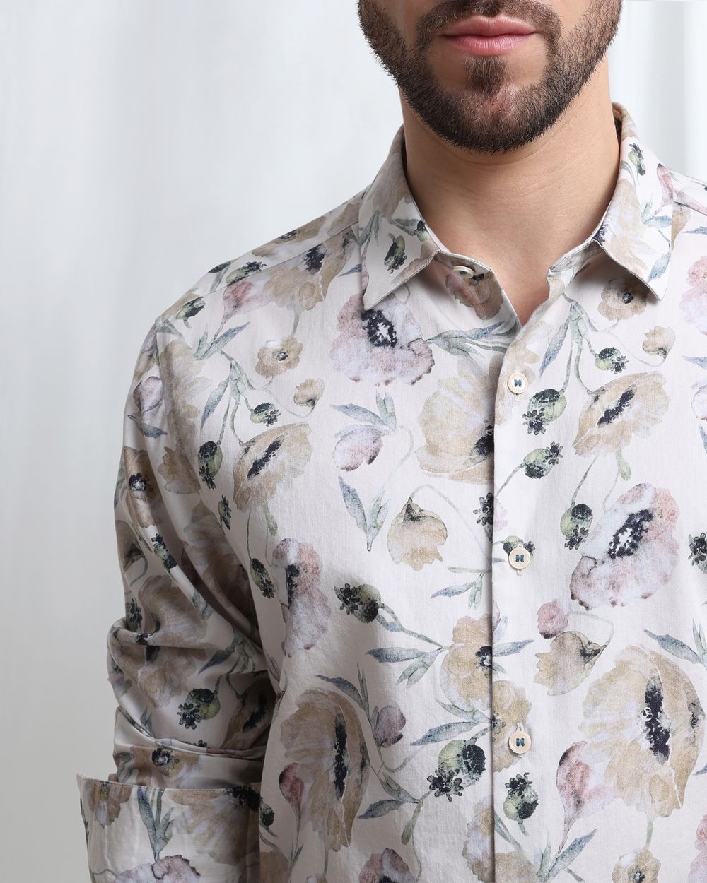 Beige Digital Print Slim Fit Casual Shirt