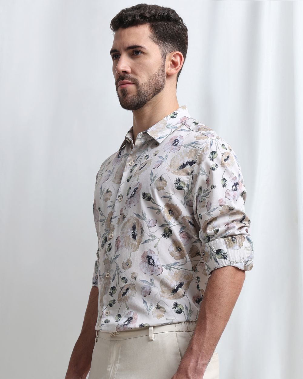 Beige Digital Print Slim Fit Casual Shirt
