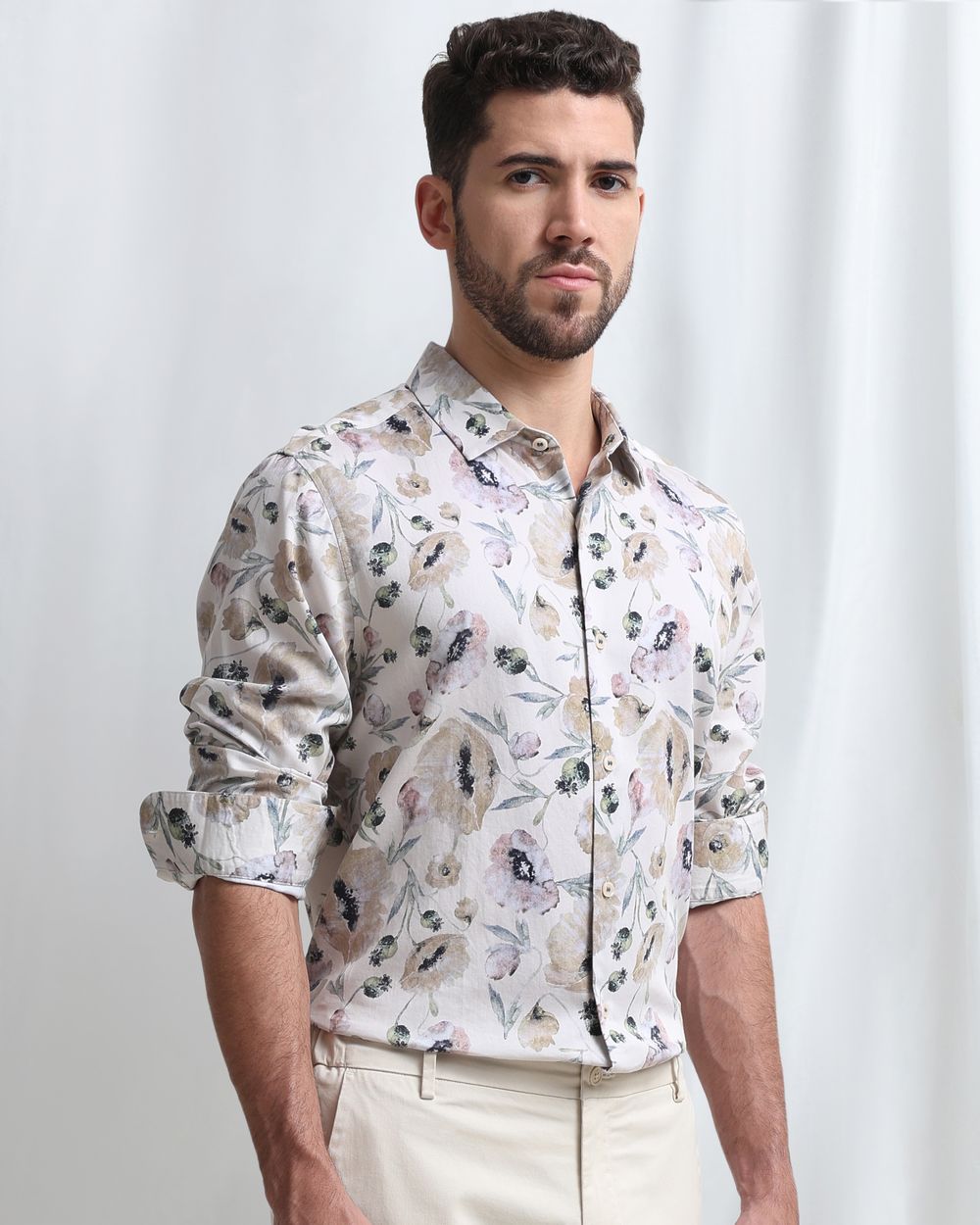 Beige Digital Print Slim Fit Casual Shirt