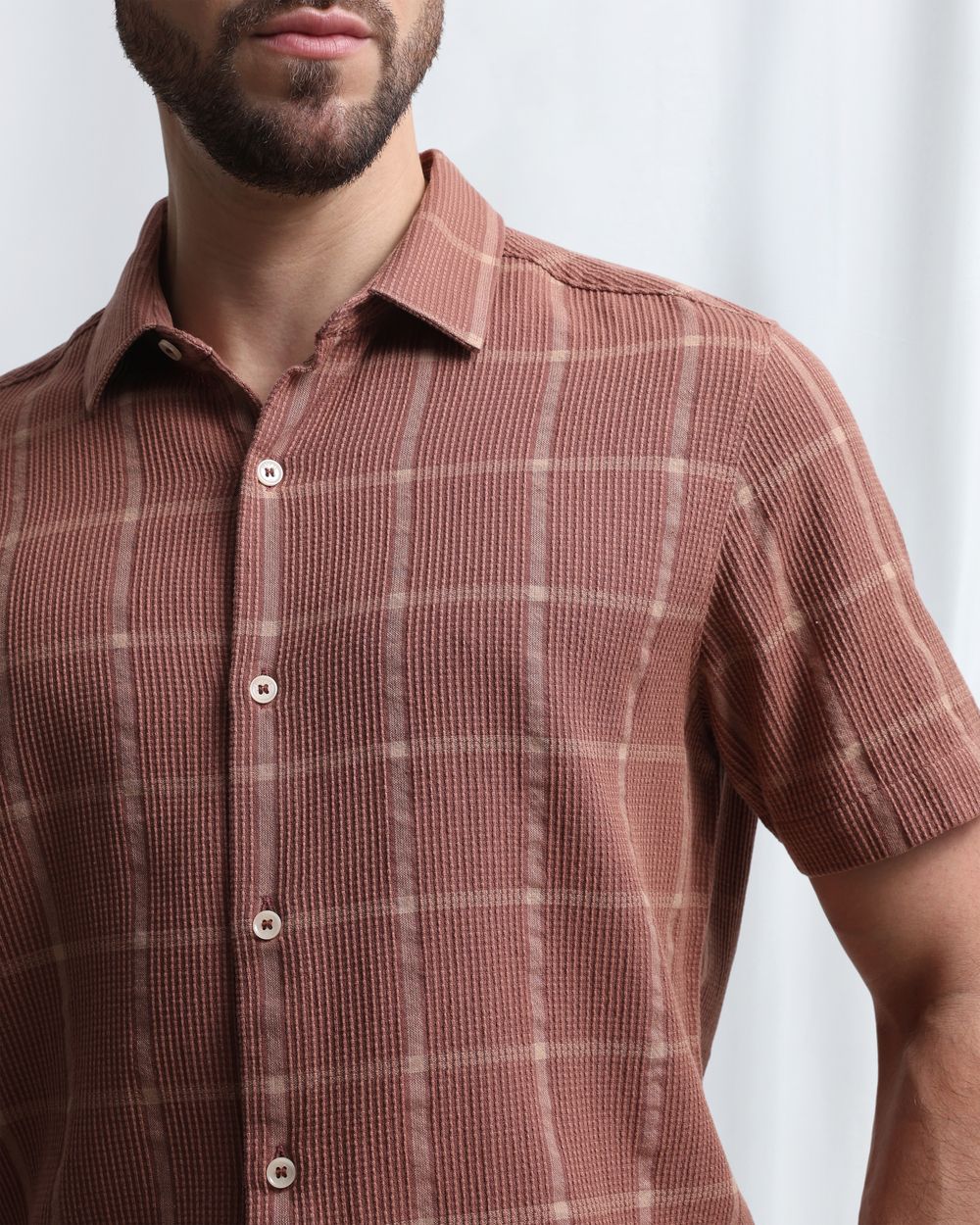 Brown Dobby Check Slim Fit Casual Shirt