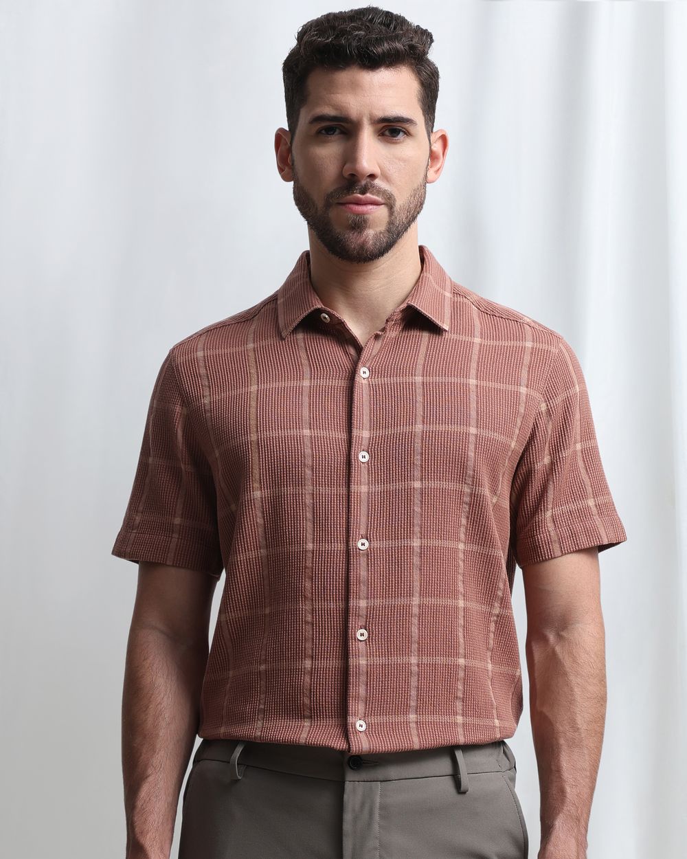 Brown Dobby Check Slim Fit Casual Shirt