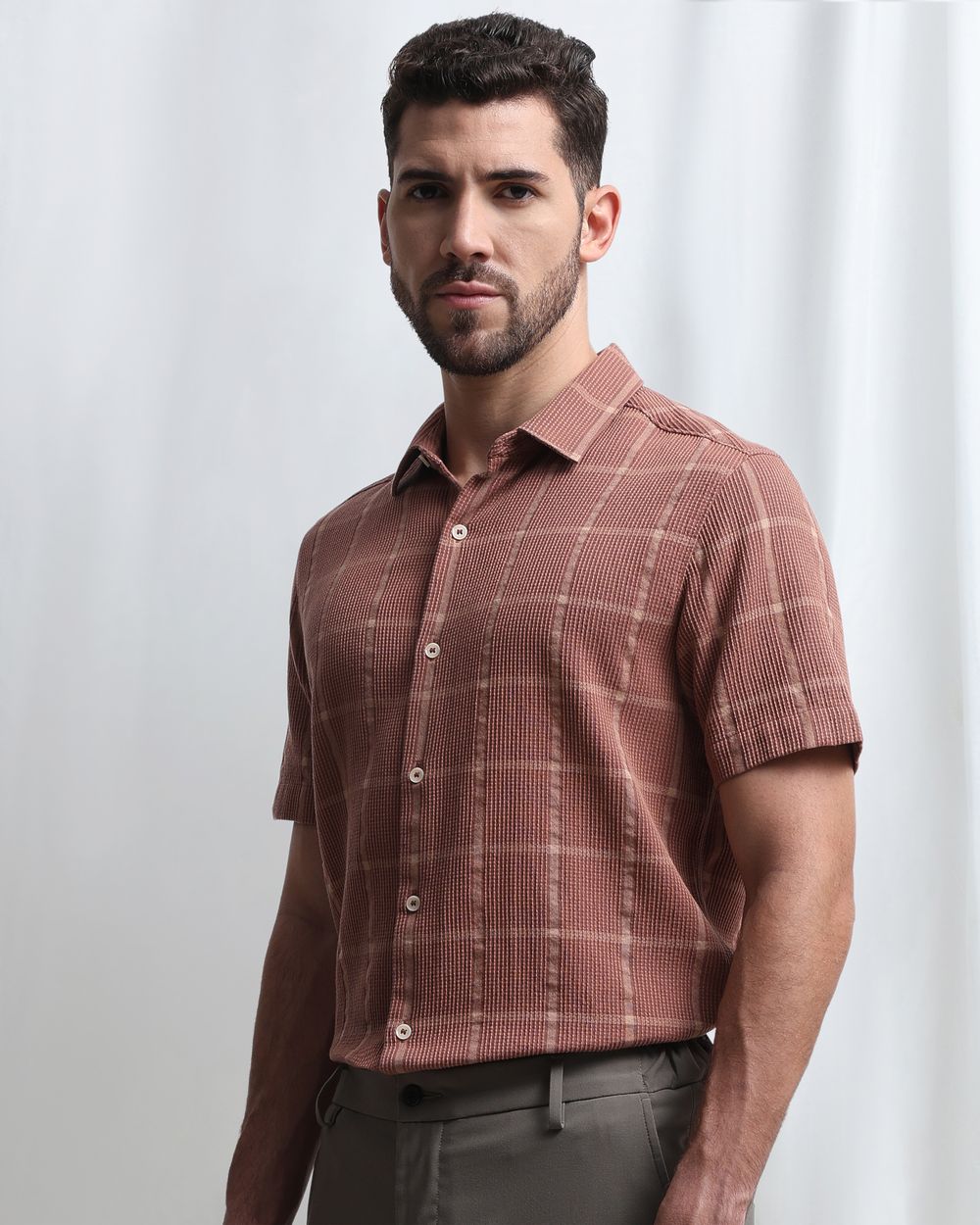 Brown Dobby Check Slim Fit Casual Shirt