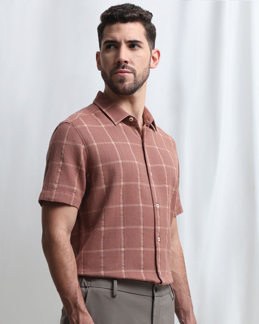 Brown Dobby Check Slim Fit Casual Shirt