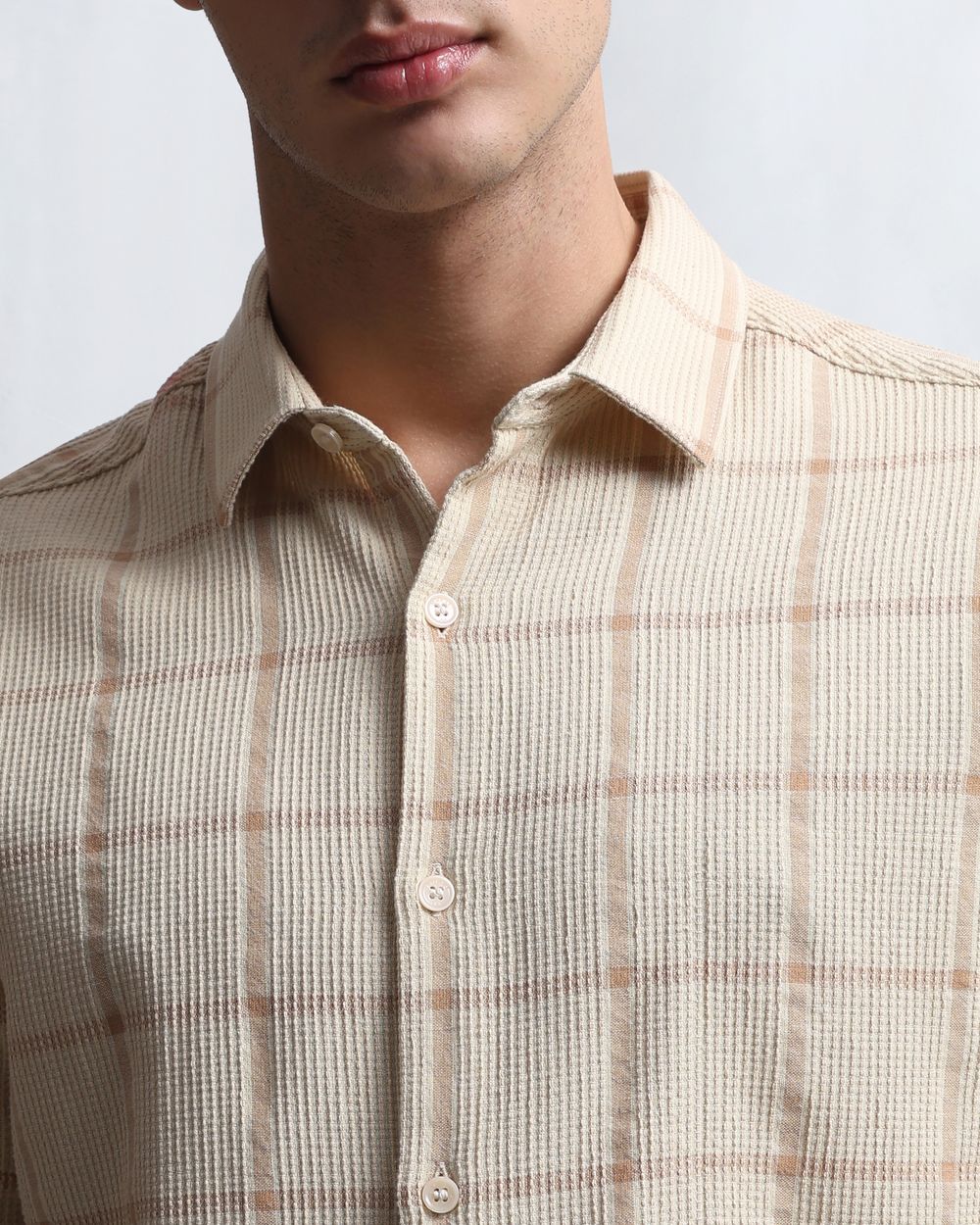 Beige Dobby Check Slim Fit Casual Shirt