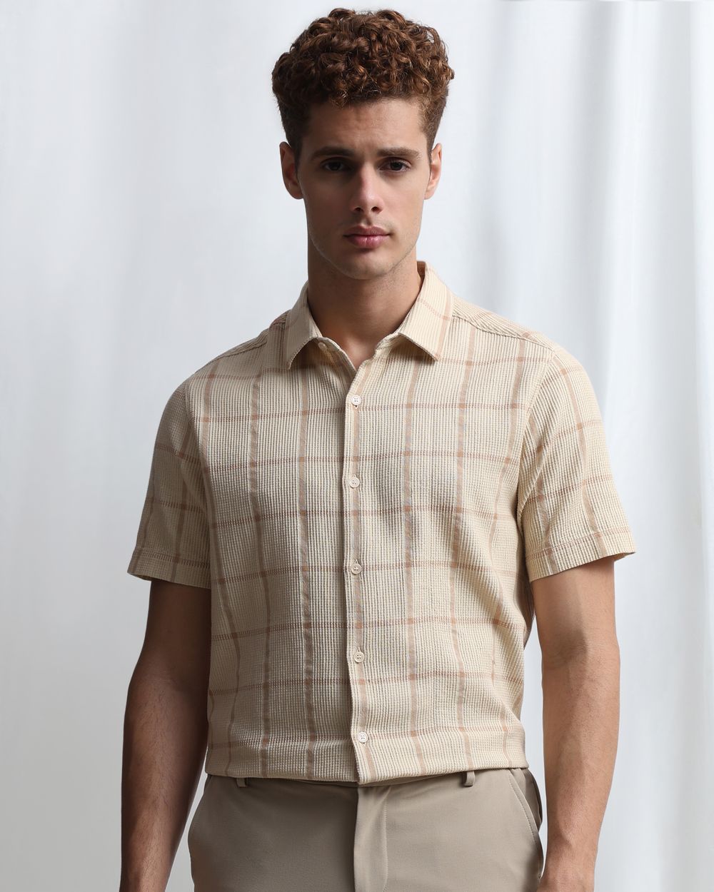 Beige Dobby Check Slim Fit Casual Shirt