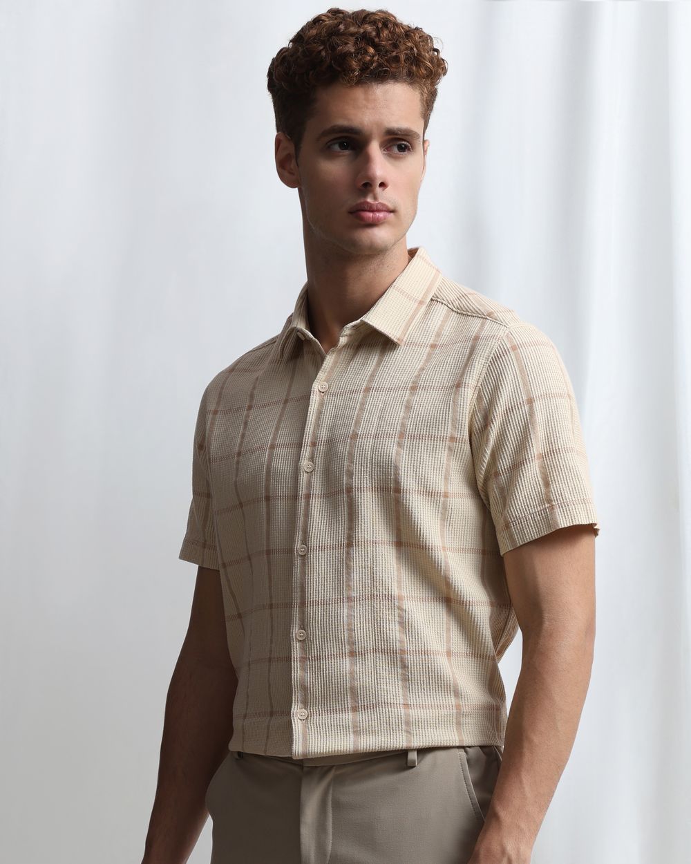 Beige Dobby Check Slim Fit Casual Shirt