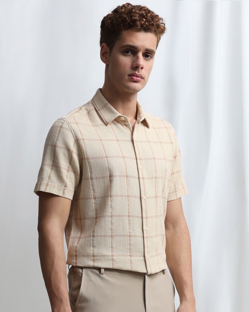 Beige Dobby Check Slim Fit Casual Shirt