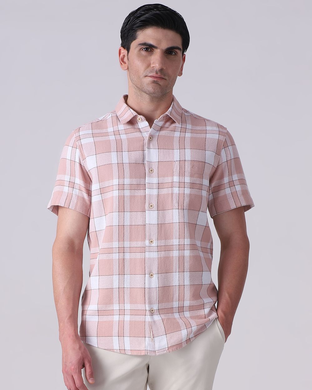 Peach Textured Check Slim Fit Casual Shirt