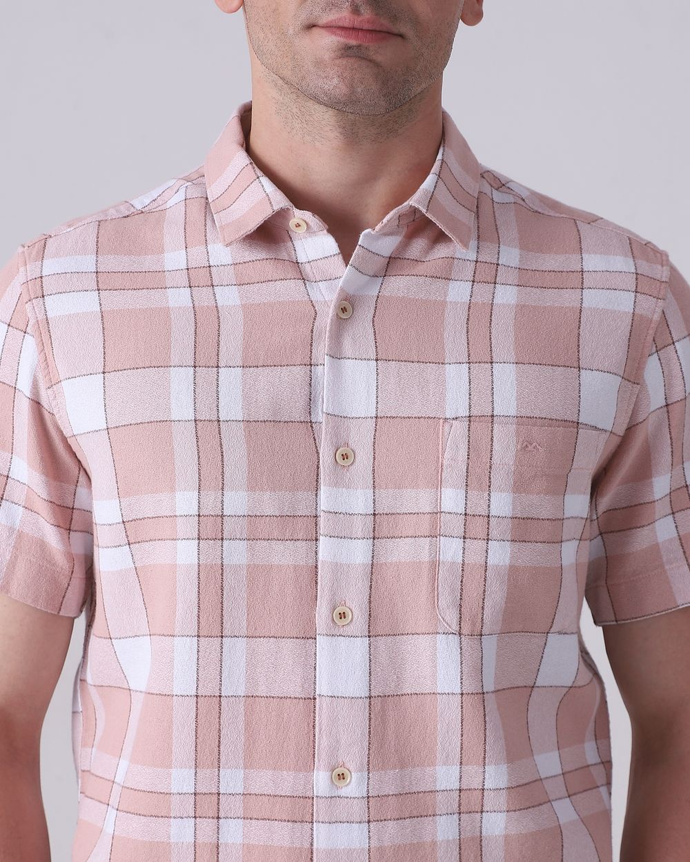 Peach Textured Check Slim Fit Casual Shirt