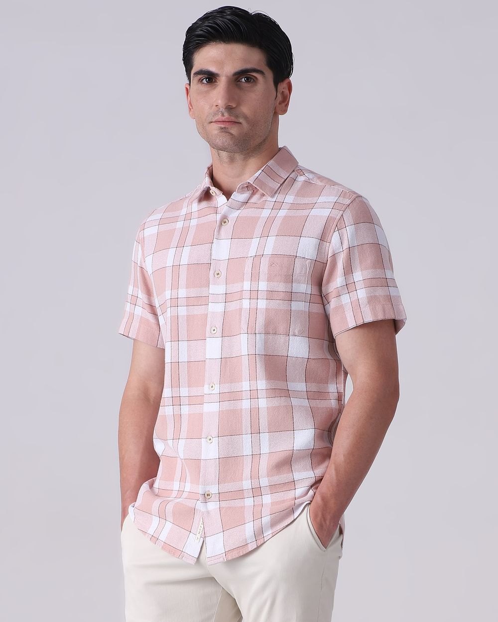 Peach Textured Check Slim Fit Casual Shirt