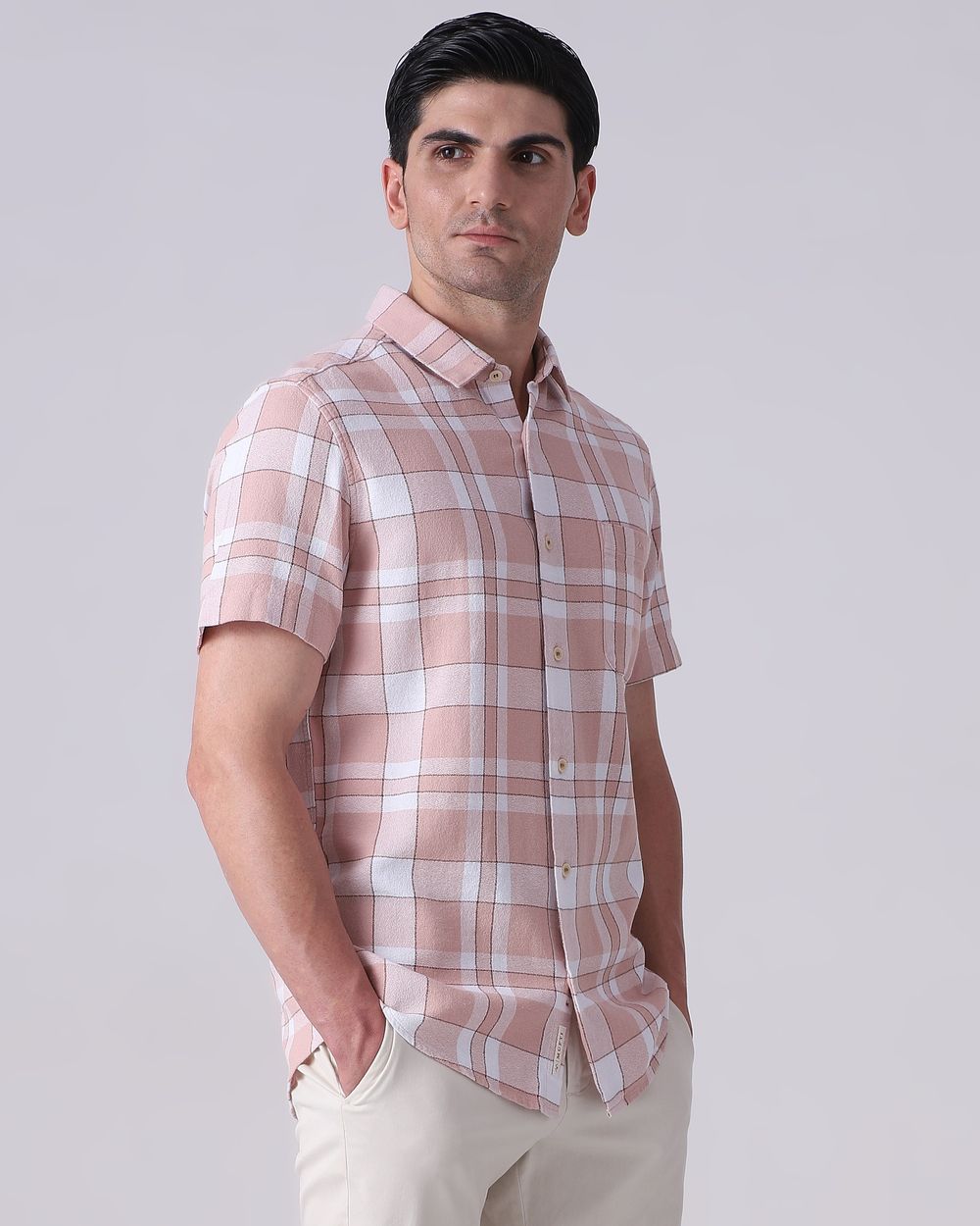 Peach Textured Check Slim Fit Casual Shirt