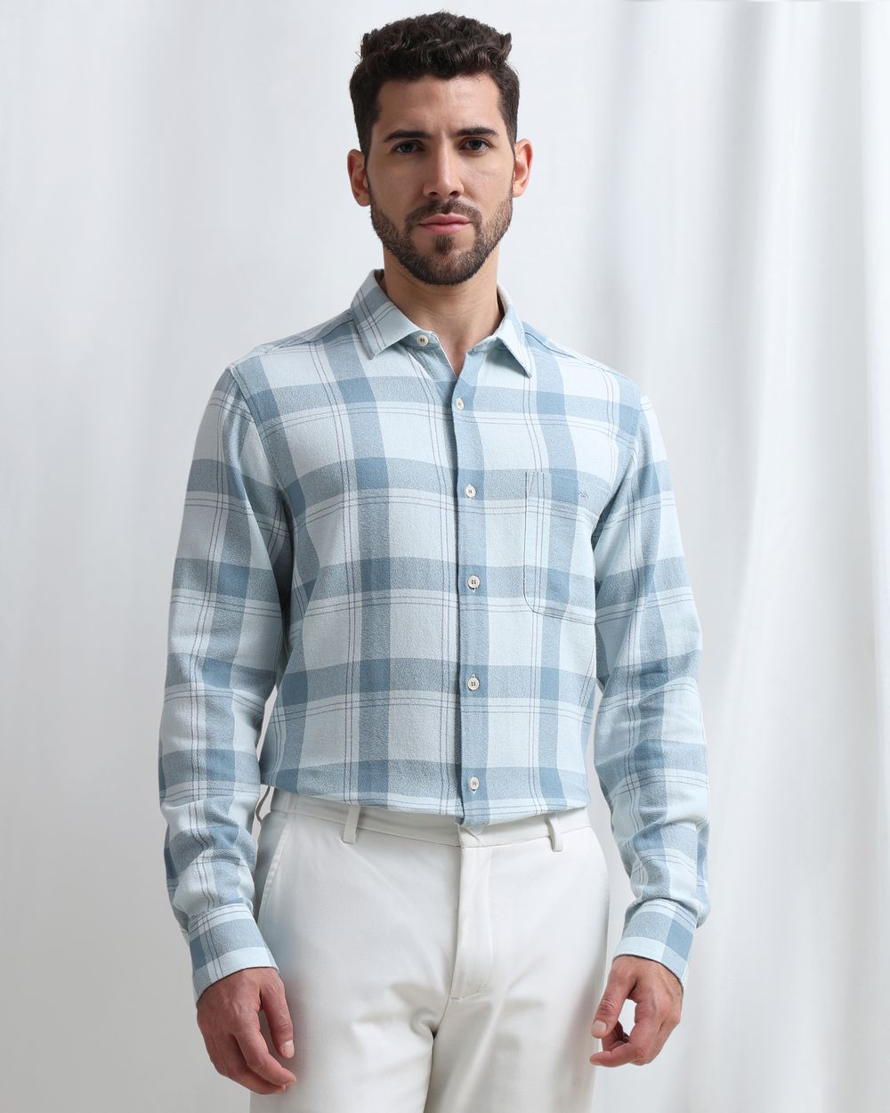 Turquoise Textured Check Slim Fit Casual Shirt