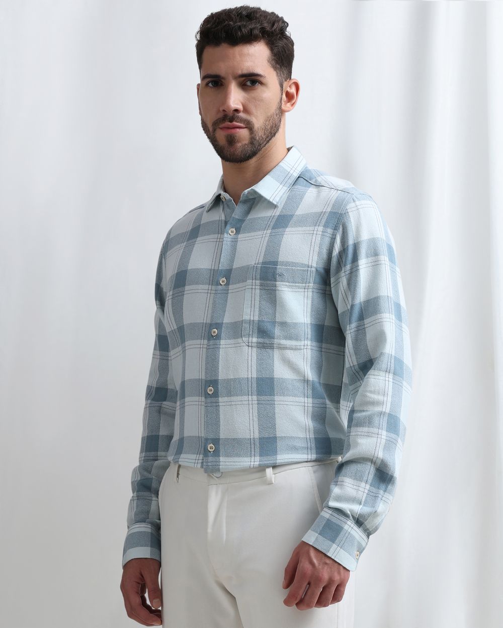 Turquoise Textured Check Slim Fit Casual Shirt