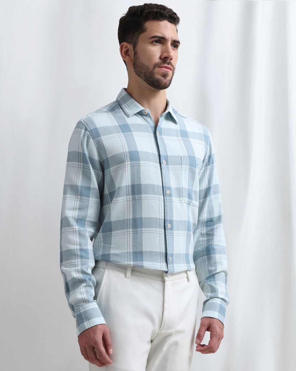 Turquoise Textured Check Slim Fit Casual Shirt