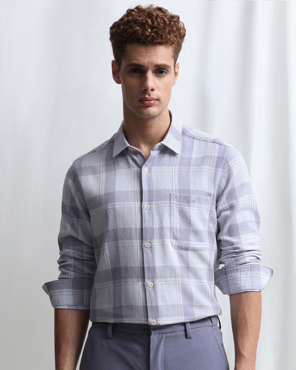 Lilac Textured Check Slim Fit Casual Shirt