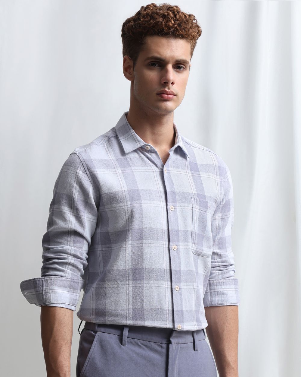 Lilac Textured Check Slim Fit Casual Shirt