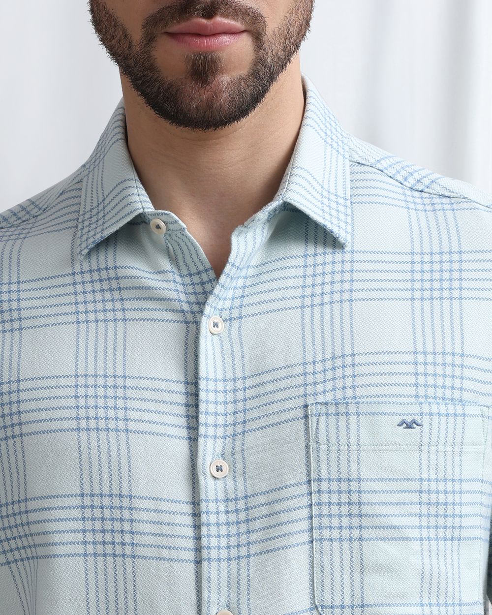 Light Blue Dobby Check Slim Fit Casual Shirt