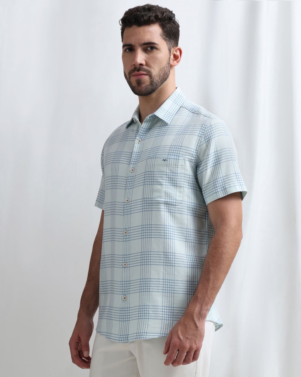 Light Blue Dobby Check Slim Fit Casual Shirt