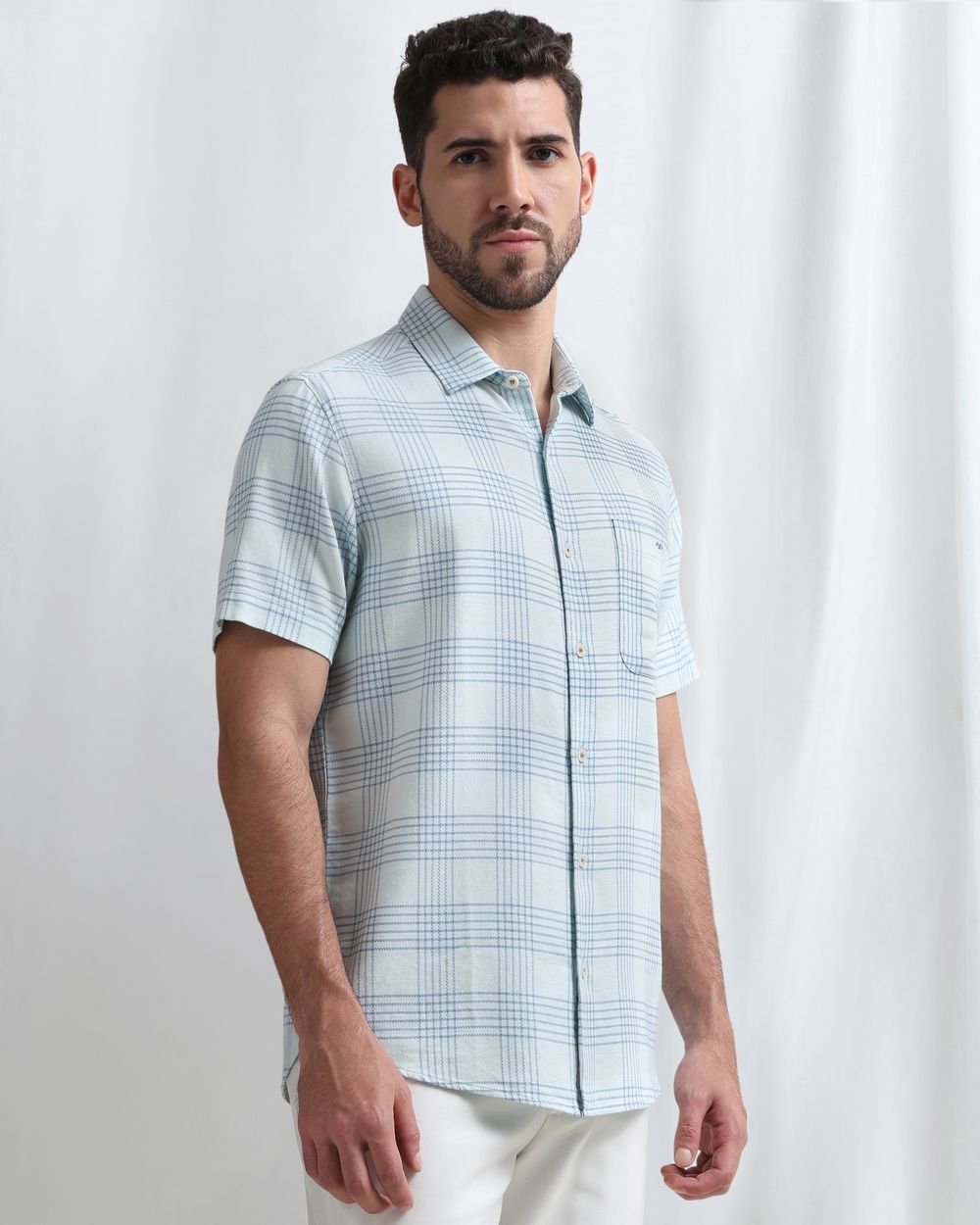 Light Blue Dobby Check Slim Fit Casual Shirt