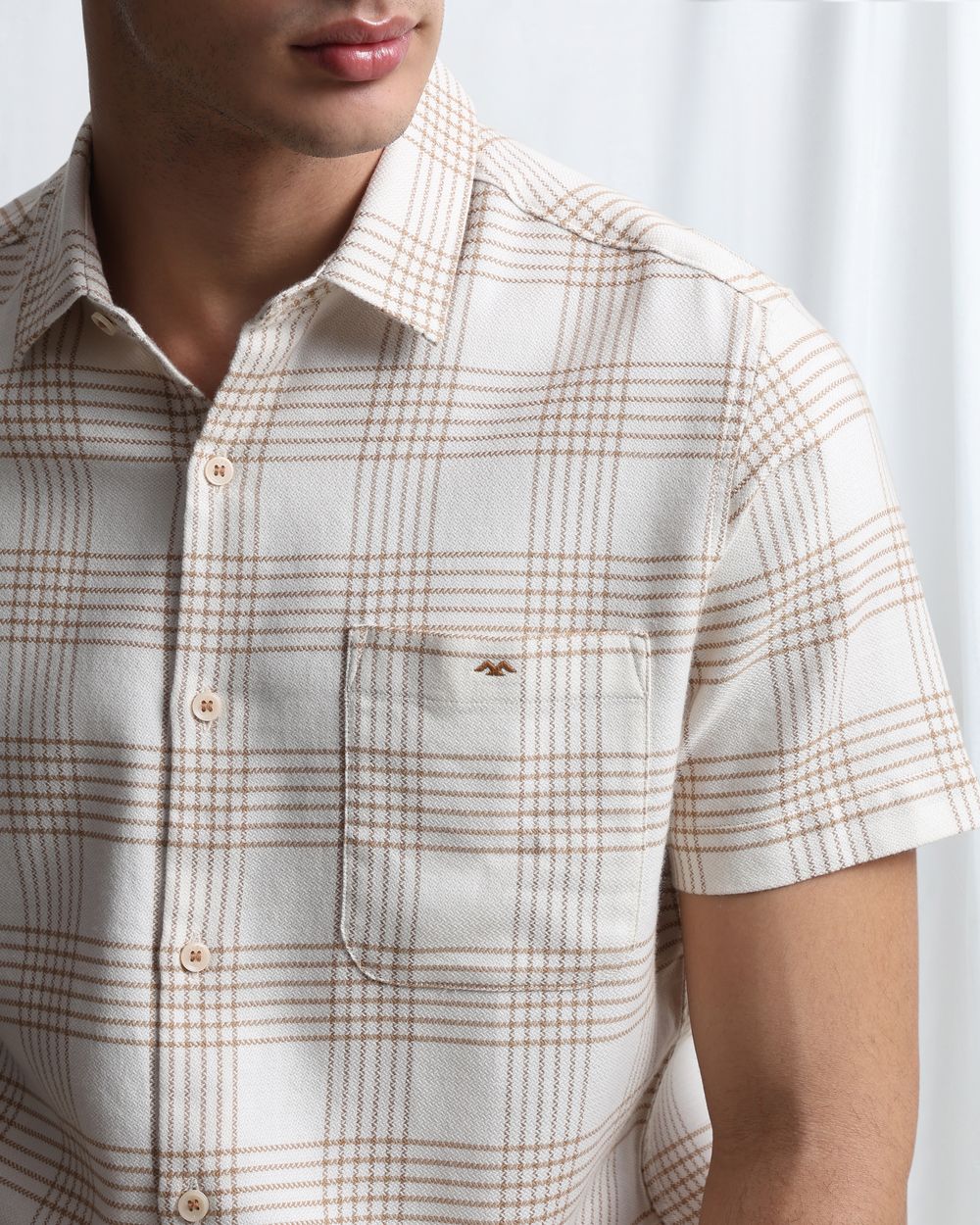 Beige Dobby Check Slim Fit Casual Shirt