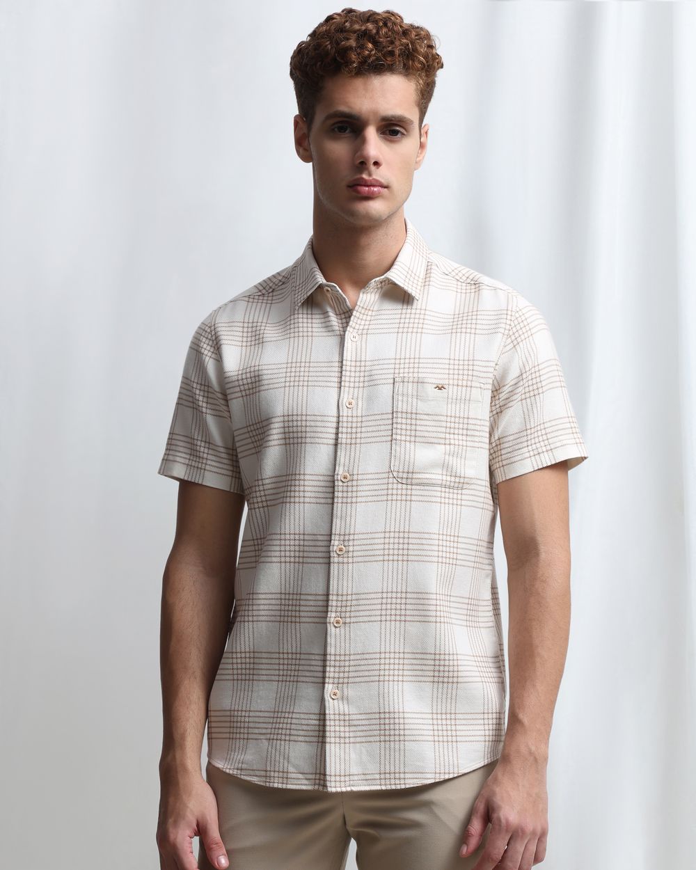 Beige Dobby Check Slim Fit Casual Shirt