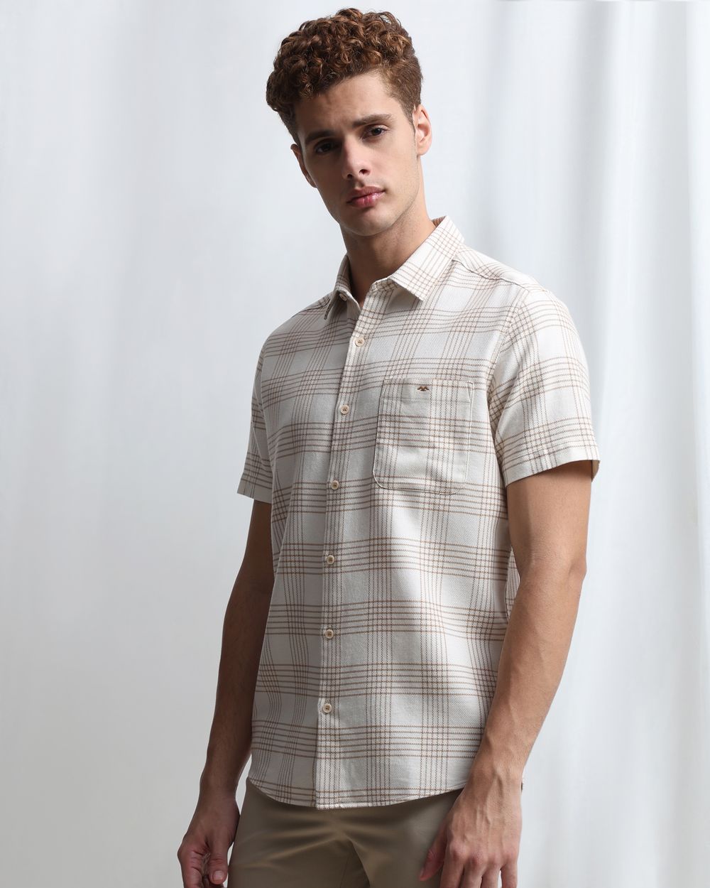 Beige Dobby Check Slim Fit Casual Shirt