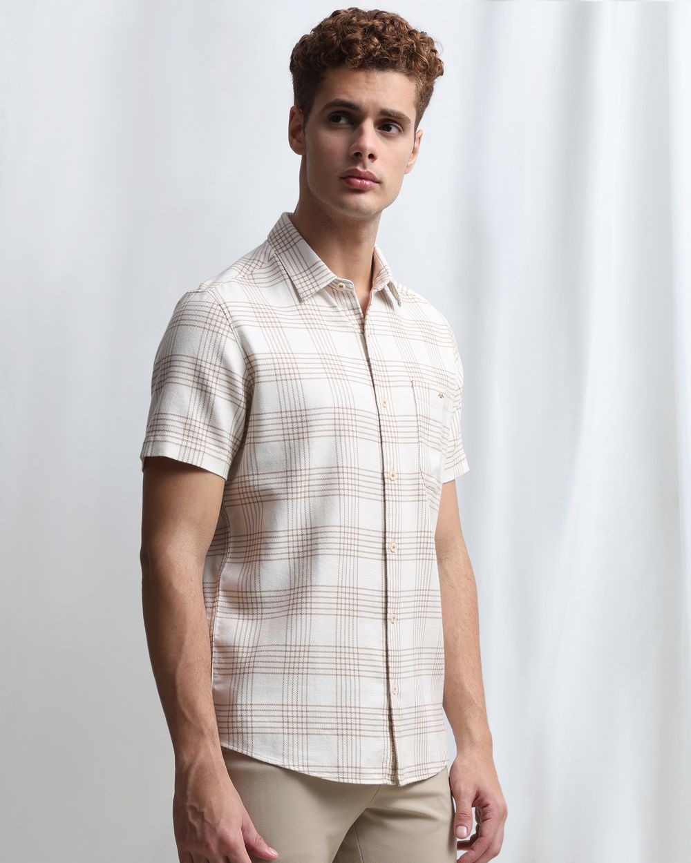 Beige Dobby Check Slim Fit Casual Shirt