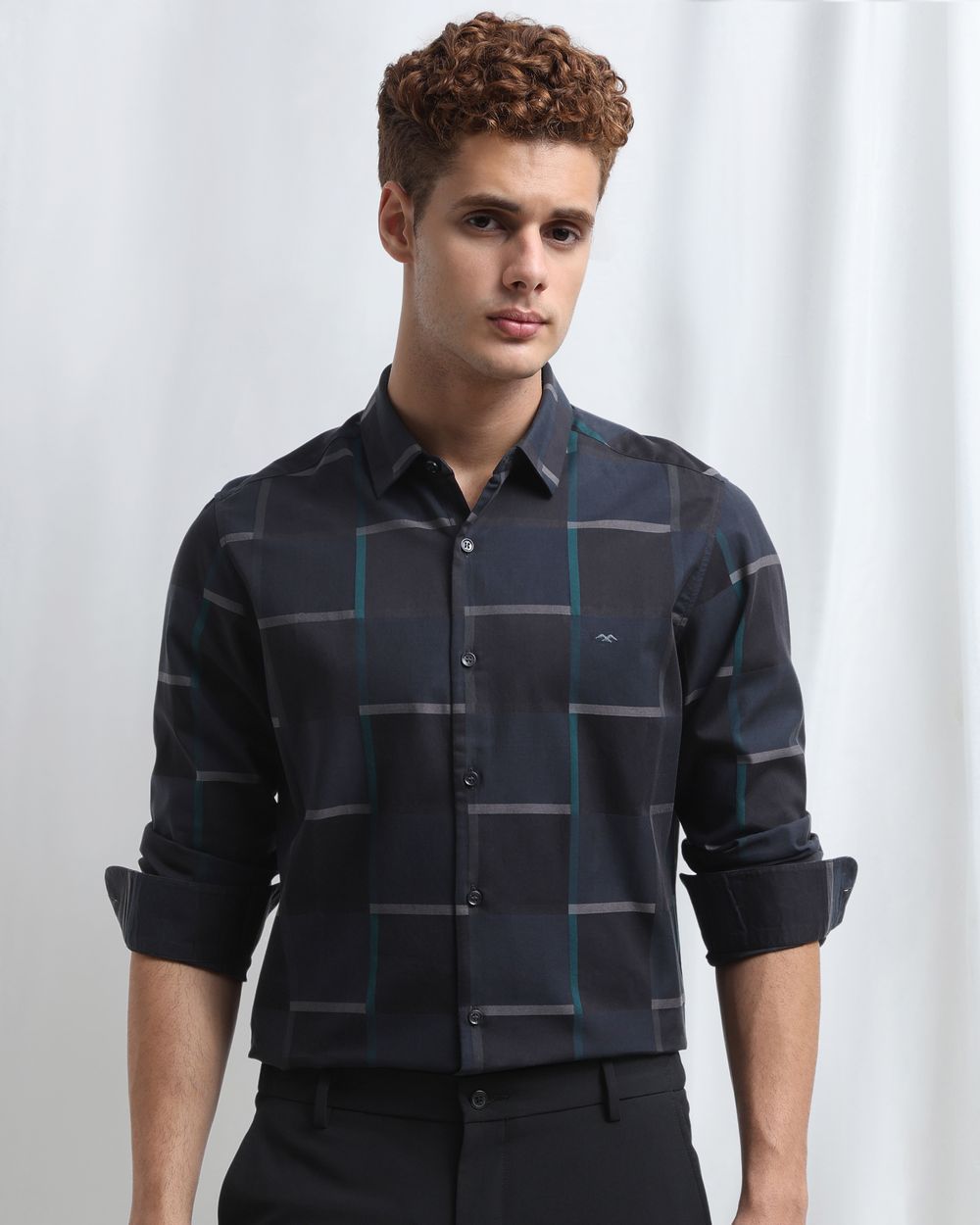 Black Dobby Check Slim Fit Casual Shirt