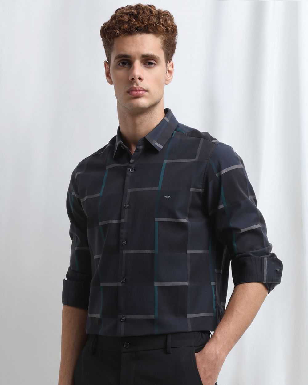 Black Dobby Check Slim Fit Casual Shirt