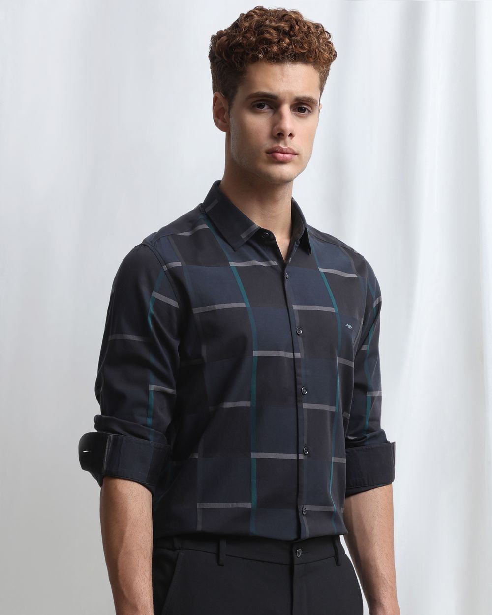 Black Dobby Check Slim Fit Casual Shirt