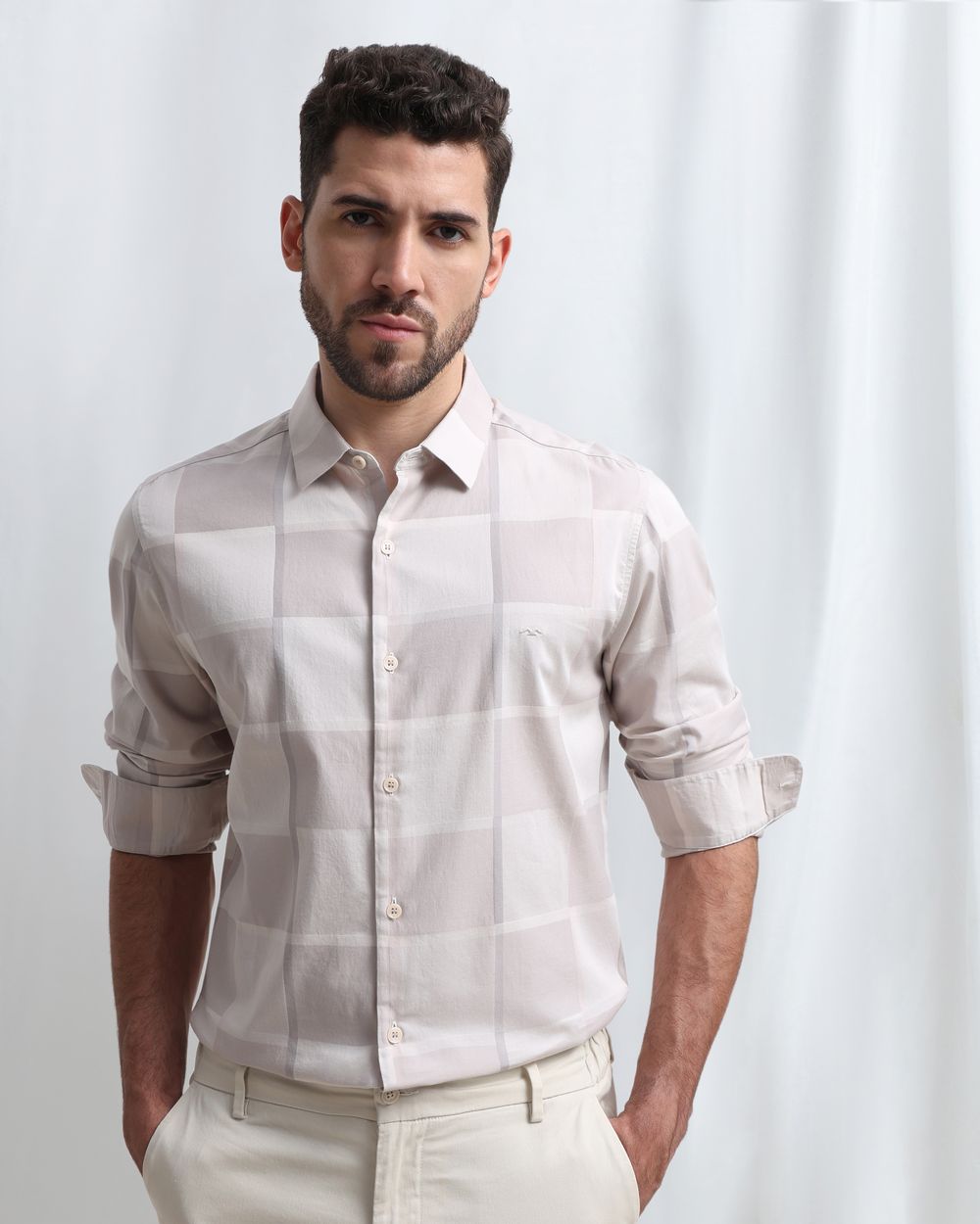 Beige Dobby Check Slim Fit Casual Shirt