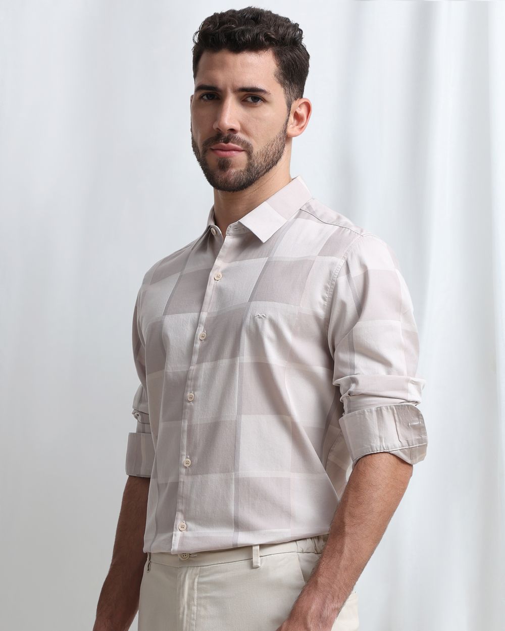 Beige Dobby Check Slim Fit Casual Shirt