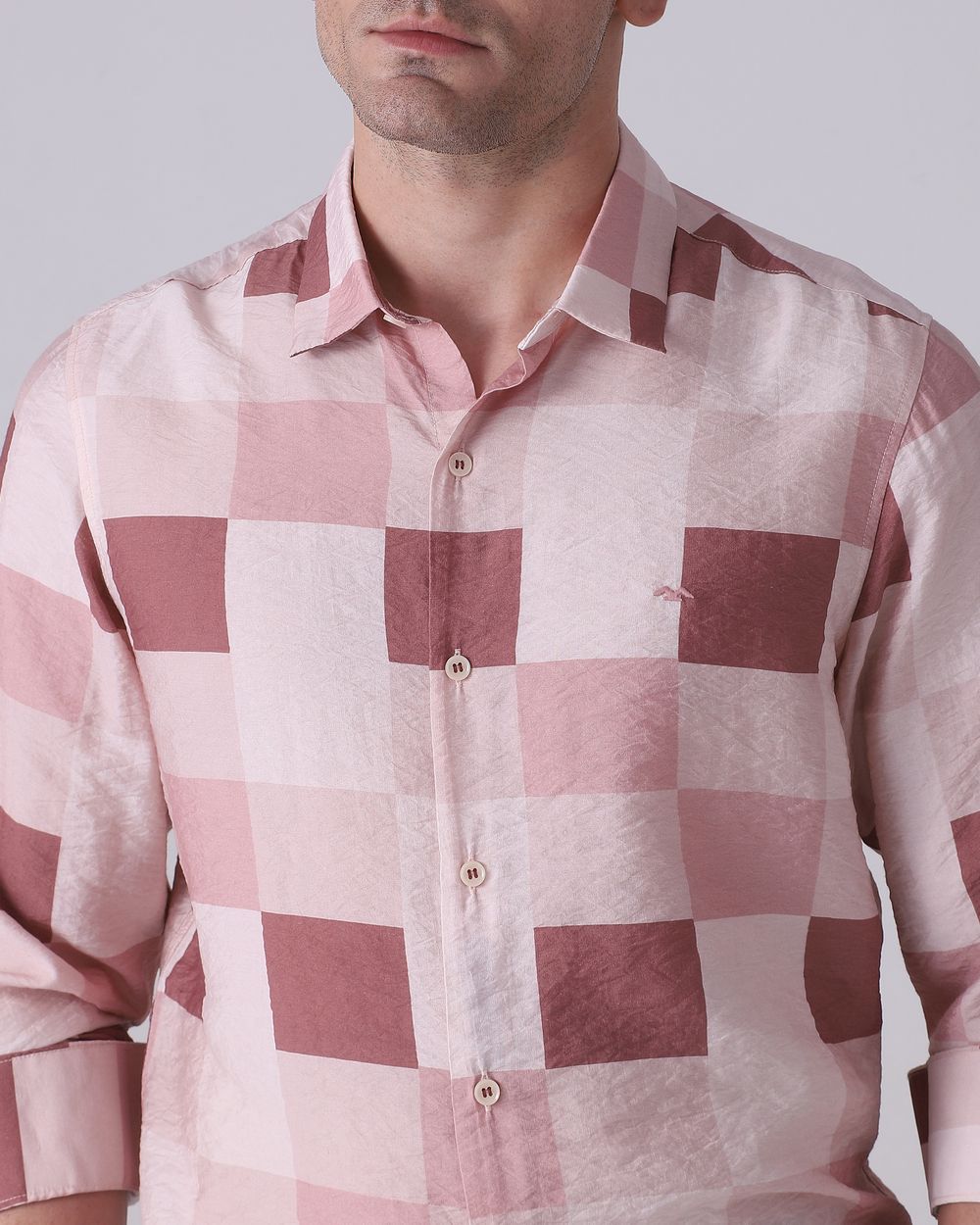 Pink Textured Check Slim Fit Casual Shirt