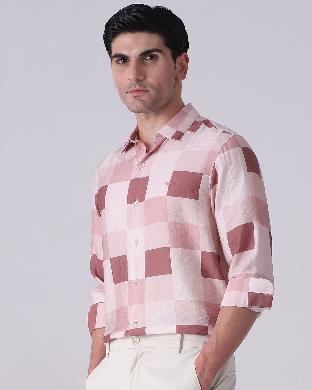 Pink Textured Check Slim Fit Casual Shirt