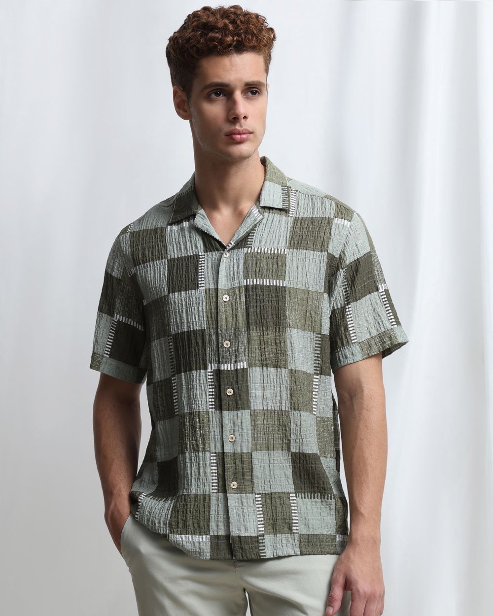 Olive Textured Check Relaxed Fit Casual Shirt