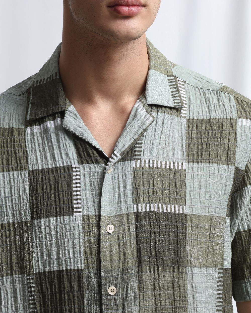 Olive Textured Check Relaxed Fit Casual Shirt