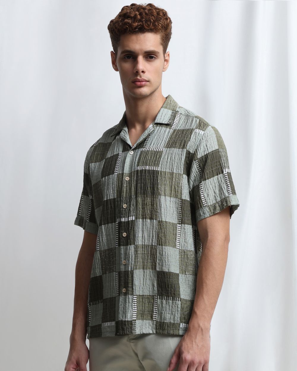 Olive Textured Check Relaxed Fit Casual Shirt