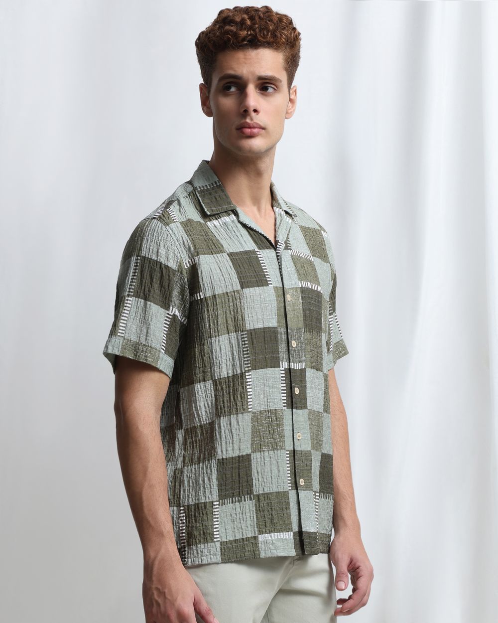 Olive Textured Check Relaxed Fit Casual Shirt