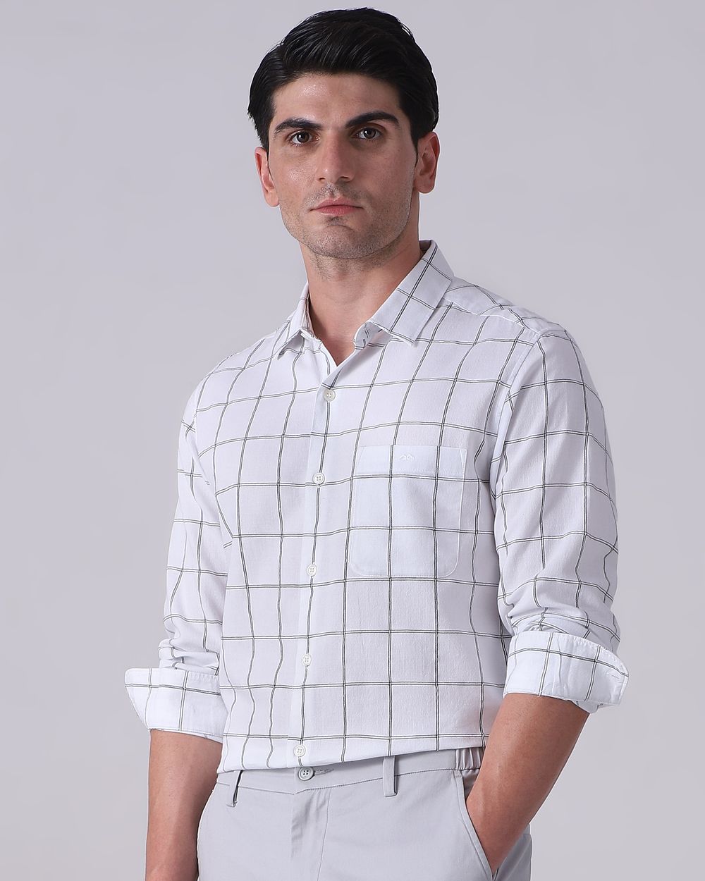 White Dobby Check Slim Fit Casual Shirt